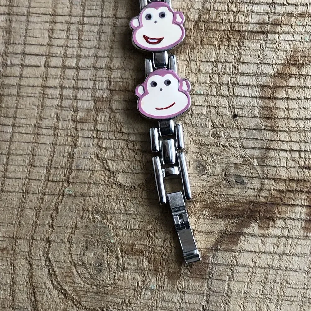 Pink Monkey Face Watch Bracelet Quartz‎ Girls Kids Enameled Metal Retro Cute